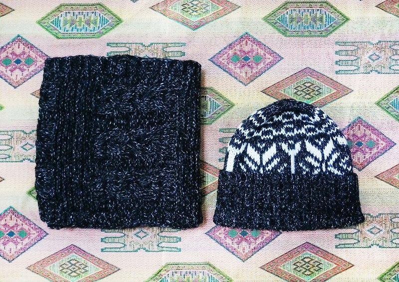 Lan冬日圍巾+毛帽 組合 (黑白) - 圍巾/披肩 - 羊毛 黑色
