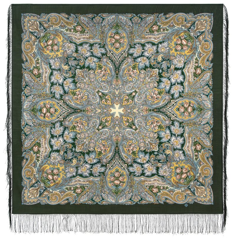 Pavlovo Posad Russian Shawl 100% Wool Scarf 125x125 cm Wrap Silk Fringe 2007-2 - 絲巾 - 羊毛 綠色
