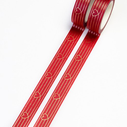 Willwa Red Heart to Heart 15mm x 10m Washi Tape - Gold Foil Hearts on Christmas Red