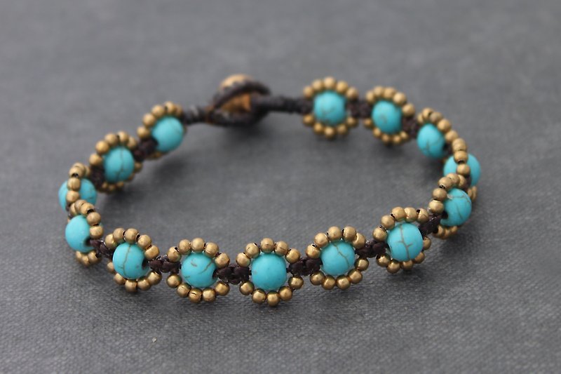 串珠手鍊綠松石石黃銅編織向日葵手鍊 - 手鍊/手鐲 - 半寶石 藍色