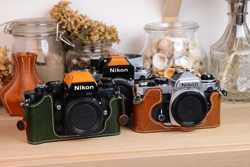 Nikon FE FE2 FM FM2 Film Camera Handmade Leather Case Half Set - กระเป๋ากล้อง - หนังแท้ สีนำ้ตาล