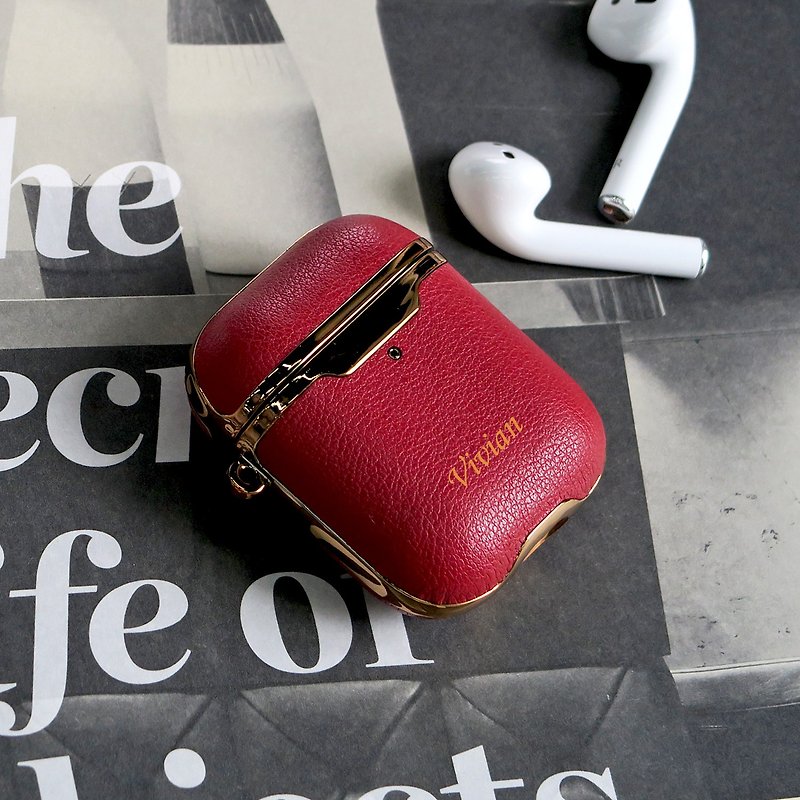 【客製化禮物】Airpods 皮革電鍍高級保護套 - 紅色 - 耳機保護套/殼 - 人造皮革 紅色