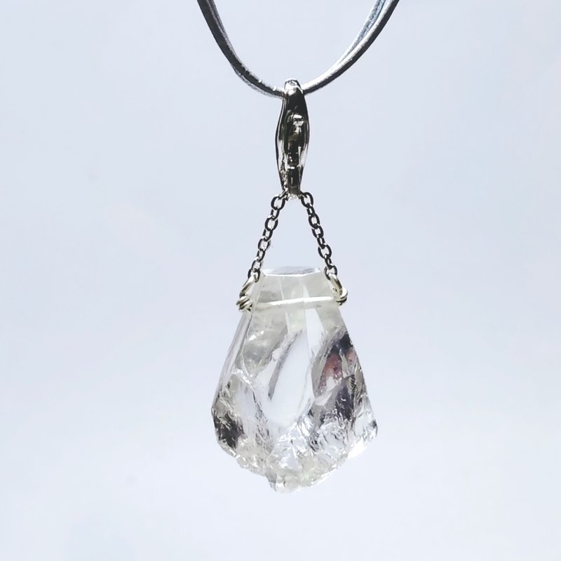 Quartz rough rock pendant with leather cord, Silver color - Necklaces - Crystal Transparent