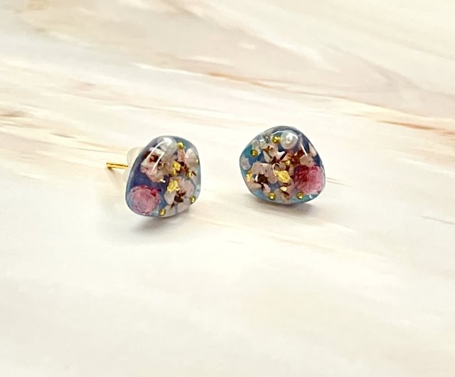 Real Flower Earrings Pink with Gold Foil Pink Blue 925 Sterling Silver 18K  Gold Plated Stud Earrings Changeable Clip-On