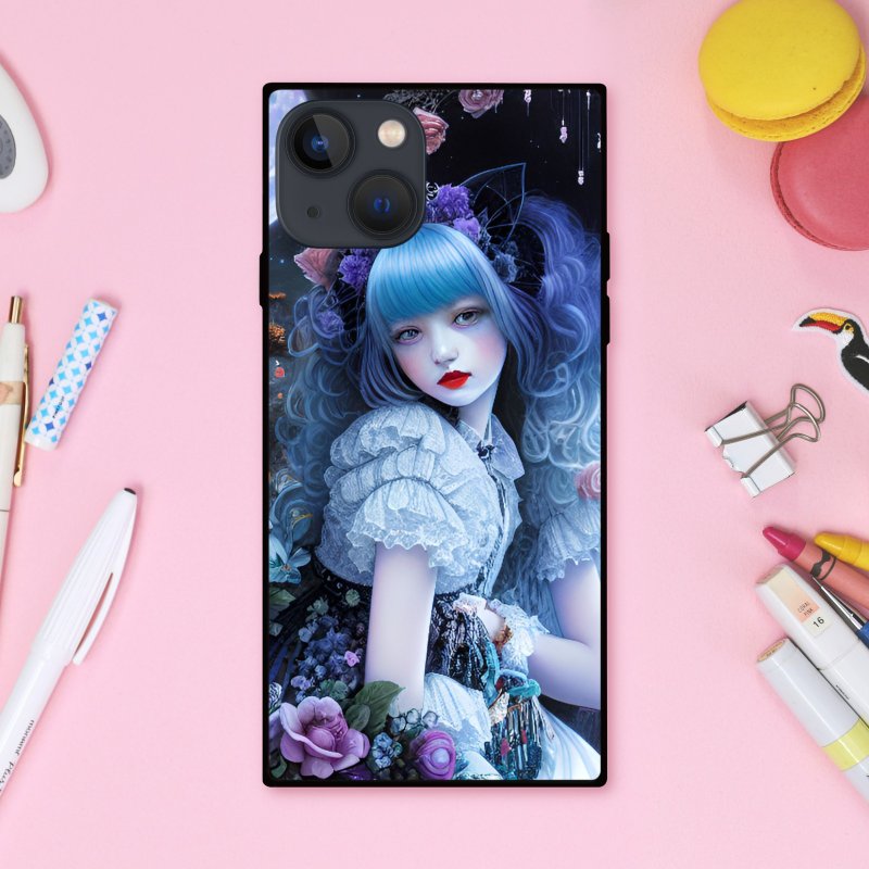 ゴシック調のメイド服で黒い猫耳と青い髪がゆめかわいい女の子 スクエア型スマホケース【強化ガラス仕上げ】iPhone16 対応 - 手機殼/手機套 - 塑膠 多色