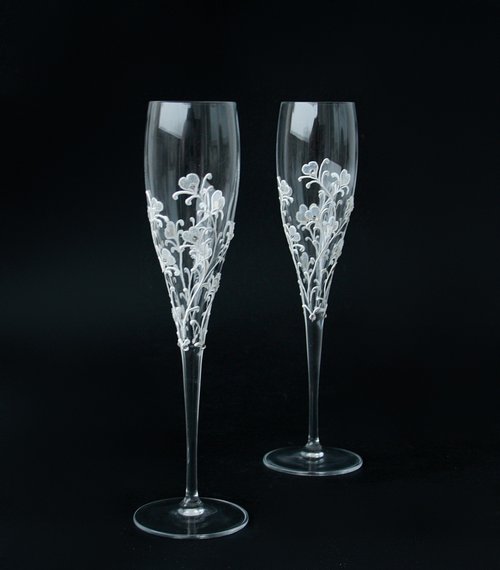 NeA Glass Wedding Glasses Crystal White Hearts Hand-painted set of 2