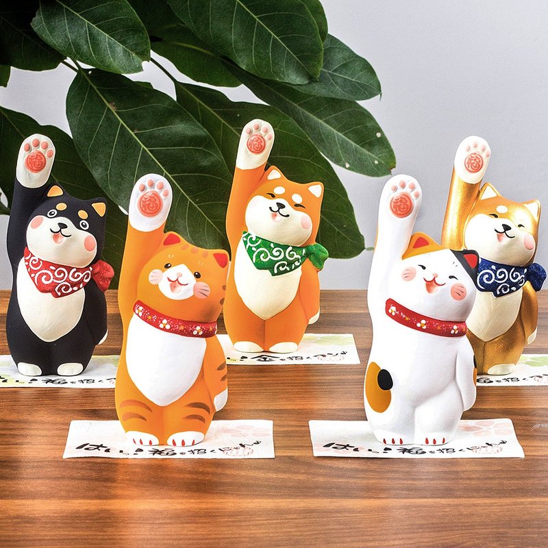 日本京都龍虎作 陶土招福可愛柴犬貓貓擺件 車載居家桌面擺飾禮物 - 擺飾/家飾品 - 陶 