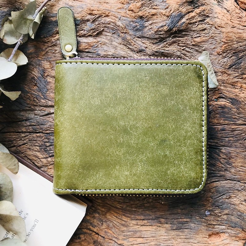 [Customized gift] Italian frosted leather and leather zipper short clip-Deep Mountain Wizard - Wallets - Genuine Leather Green