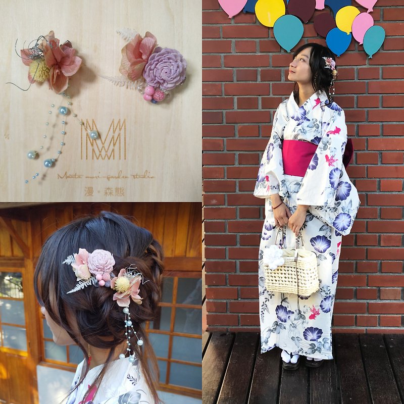 Diffuse dry flower hair ornaments, no withered flowers, dry flowers, yukata summer festival - ช่อดอกไม้แห้ง - พืช/ดอกไม้ 