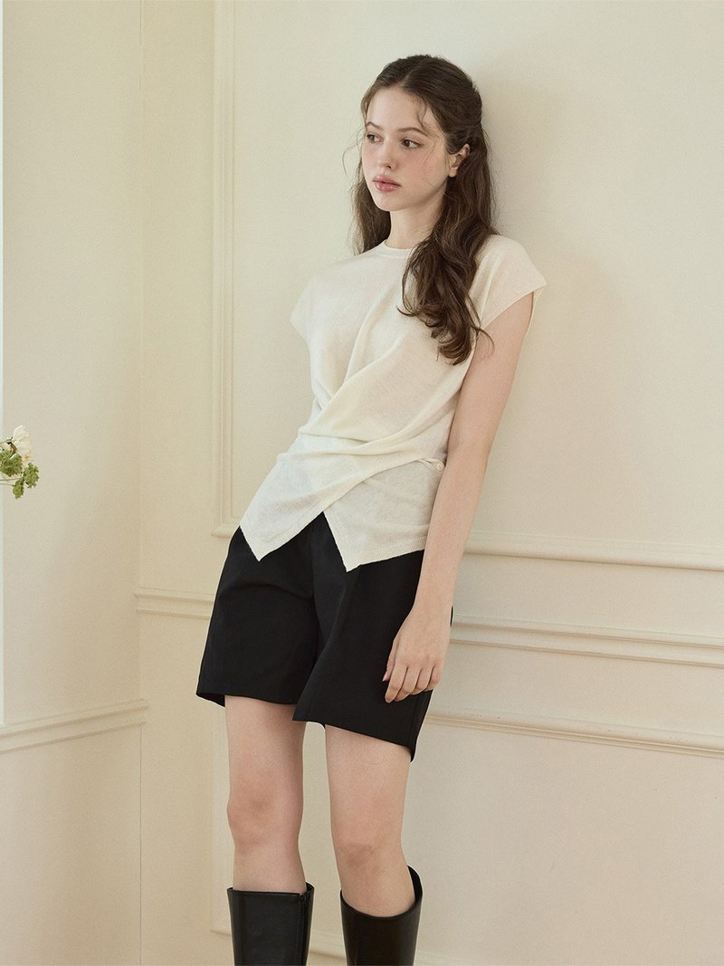 Cross-button sleeveless knit - Ivory/Black - Women's Sweaters - Wool White