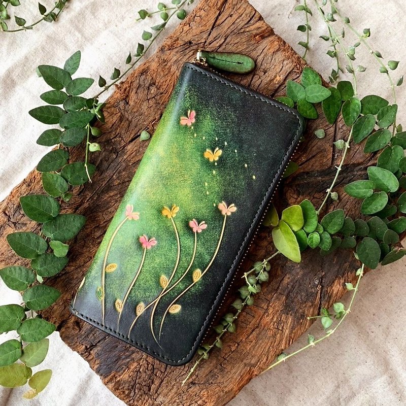 [Customized gift] Leather long zipper clip-flower forest hand-dyed Father's Day gift box - Wallets - Genuine Leather Green