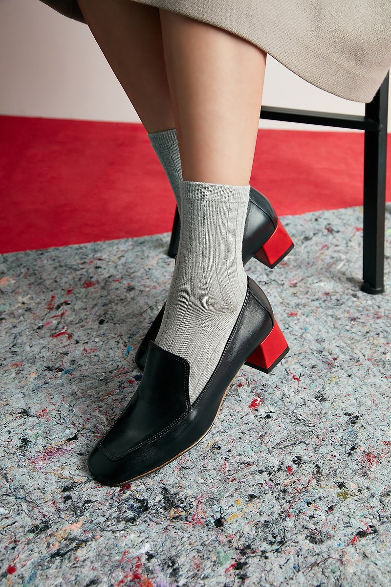 4.6 Square Toe Loafers Heels - Black - รองเท้าอ็อกฟอร์ดผู้หญิง - หนังแท้ สีดำ