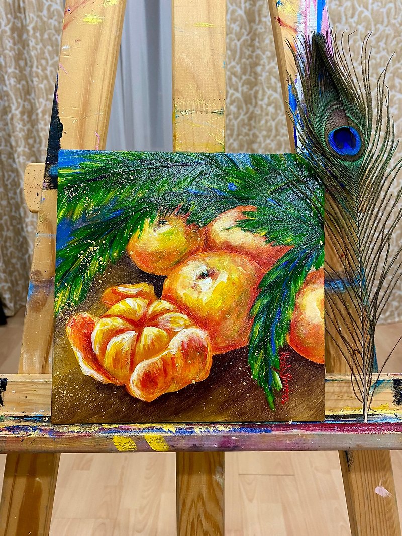 Christmas decorations painting. Mandarin art. itrus small oil painting. - Posters - Linen Orange