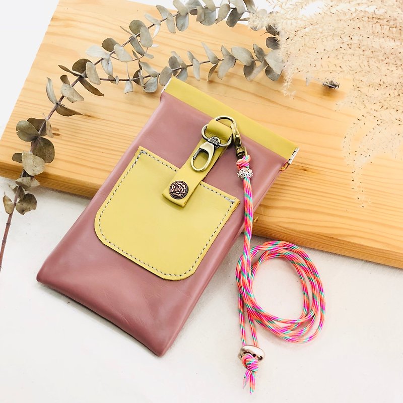 Splicing shrapnel multi-function mobile phone bag --- mobile phone case / earphone / card / cross-body phone bag - Phone Cases - Genuine Leather Pink