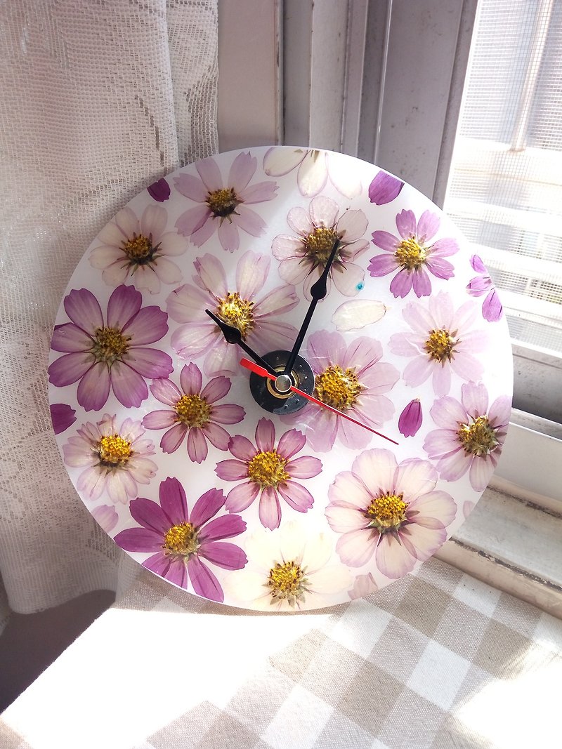 Dry Flowers, Pressed Flowers, Cosmos Flowers Wall Clock - Clocks - Acrylic Purple