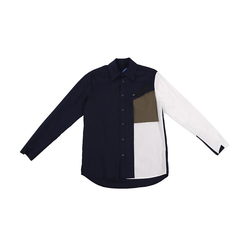 Cleft Contrast Color Pocket Shirt Cartoon Shirt-Zhangqing - Men's Shirts - Cotton & Hemp Blue