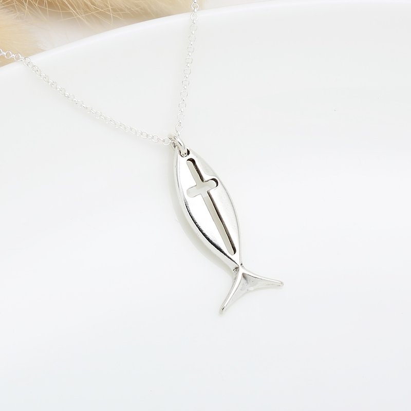 Fish Cross s925 sterling silver necklace Valentine's Day Christmas gift - Necklaces - Sterling Silver Silver
