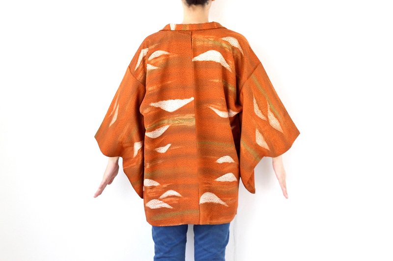 abstract kimono, Japanese silk haori, traditional kimono /3886 - 外套/大衣 - 絲．絹 橘色
