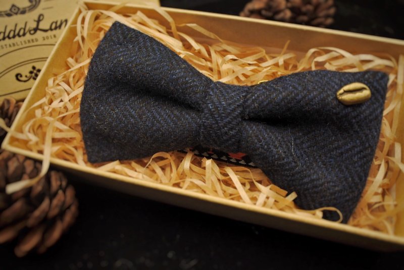 Original handmade retro coffee bean bow tie dark blue texture herringbone wool fabric swing ball - Bow Ties & Ascots - Wool Blue
