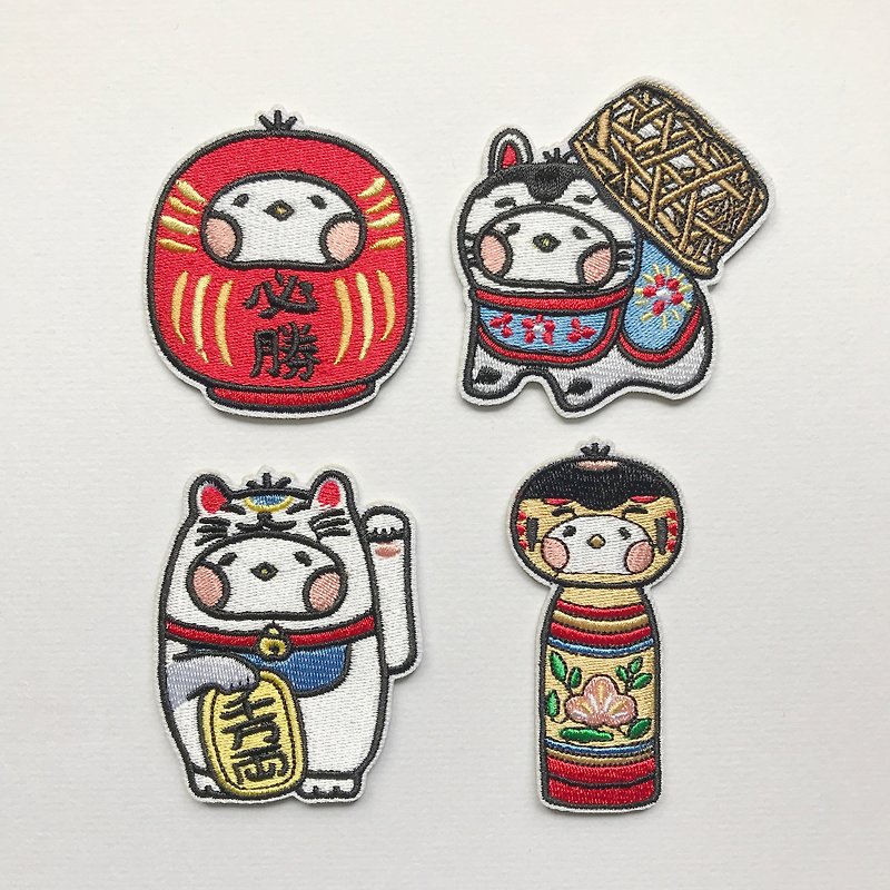 Japanese good luck mascot Daruma lucky cat and dog Zhangzi embroidery piece/pin - Badges & Pins - Thread Red