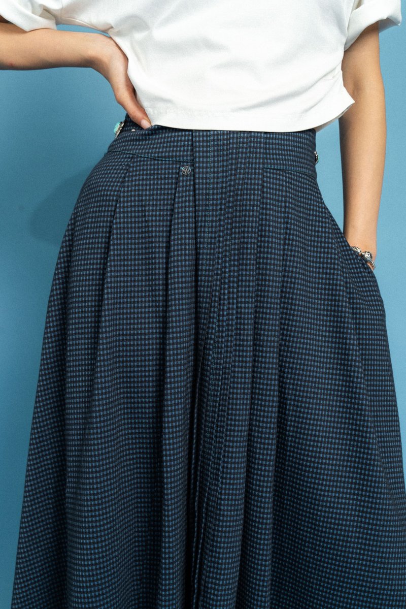 格子中長裙 Grid mid-skirt - 裙子/長裙 - 棉．麻 藍色