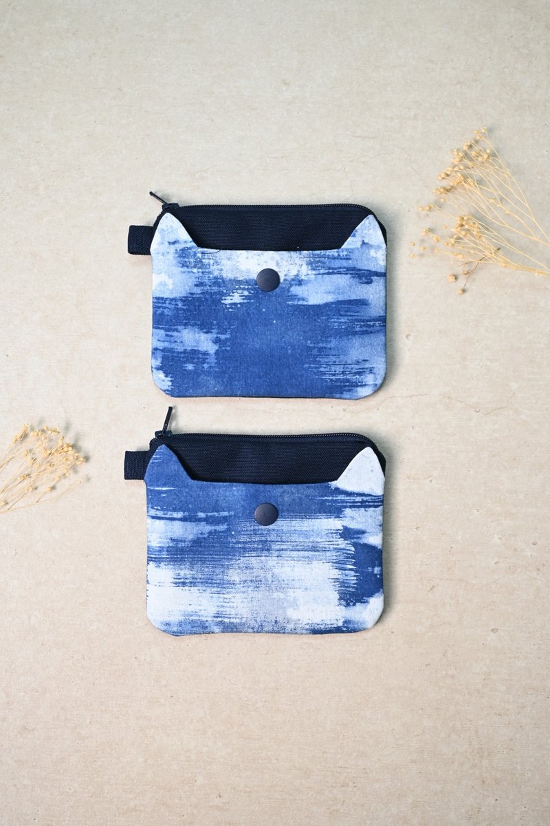 【記憶有限】藍染めファスナー小銭入れ - 猫 湖面 - コインケース・小銭入れ - コットン・麻 ブルー
