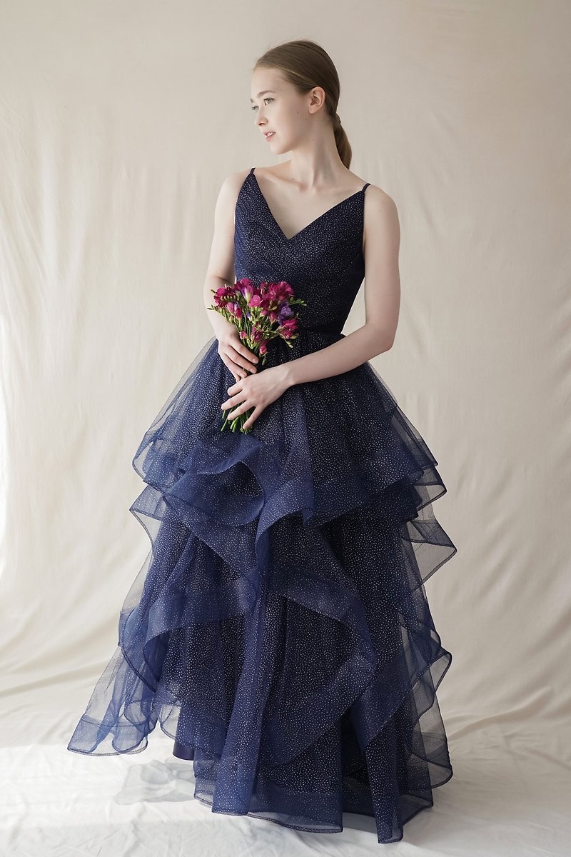 Glitter Tulle Layered Dress In Navy - Evening Dresses & Gowns - Other Materials Blue