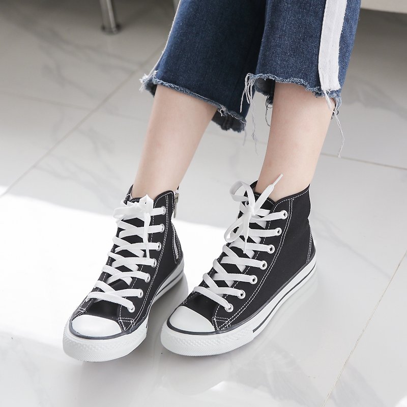 Side zipper all-match high-top canvas shoes T40 - รองเท้าลำลองผู้หญิง - วัสดุอื่นๆ สีดำ