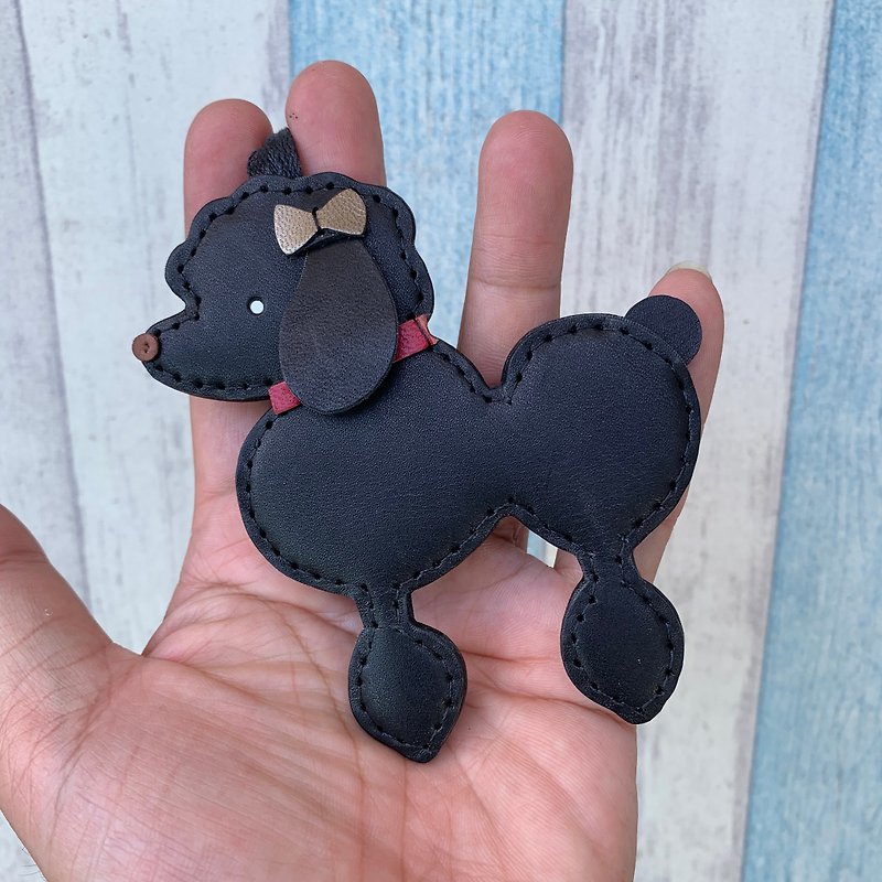 Healing little black cute poodle dog hand-stitched leather charm large size - Charms - Genuine Leather Black