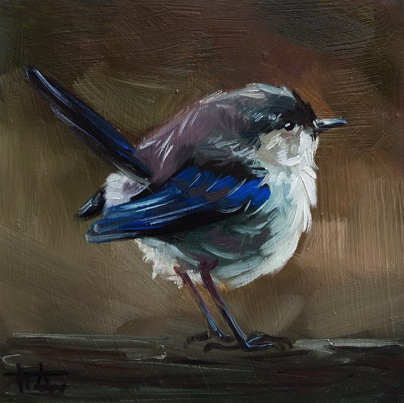 Original oil painting Bird on a dark background 5x5 inches Impressionism - ตกแต่งผนัง - กระดาษ หลากหลายสี