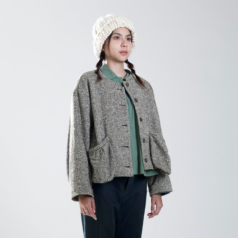 Herringbone textured puff hem wool jacket - Women's Casual & Functional Jackets - Wool Brown