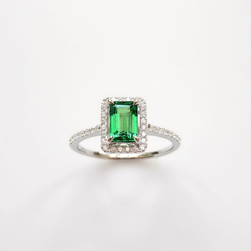 Tsavorite Diamond Halo 18K White Gold Ring Emerald-Green JSR21 - แหวนทั่วไป - เครื่องเพชรพลอย สีเขียว