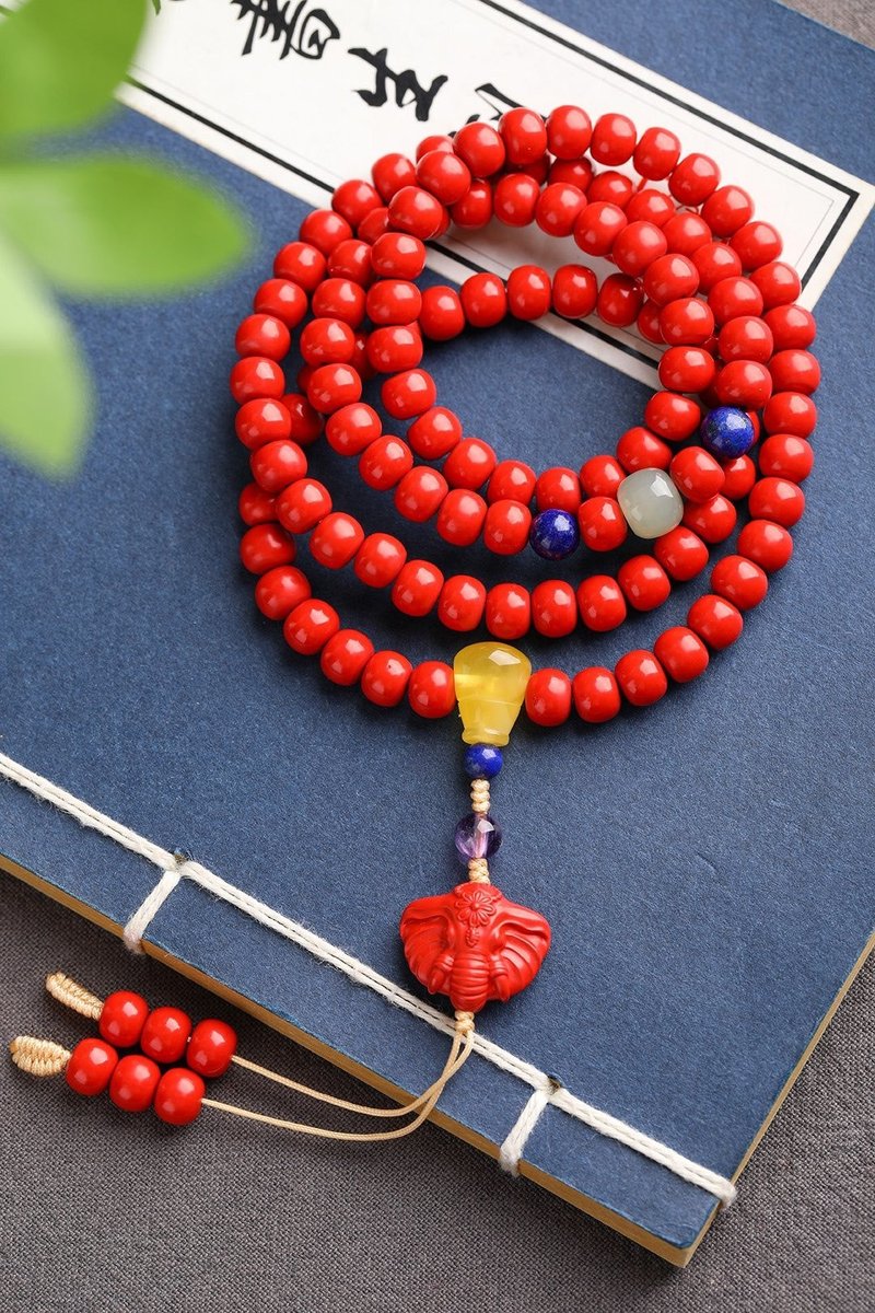 天然原礦硃砂精品紅砂老型珠108顆佛珠項鏈 硃砂含量高達95%以上 - 手鍊/手環 - 寶石 