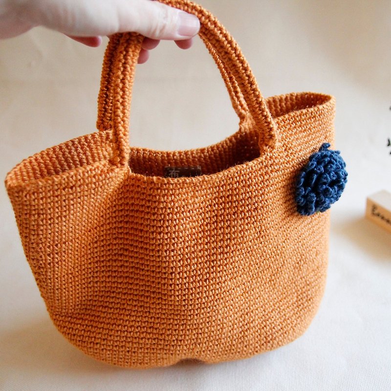 Wool knitting handmade gift dark blue hydrangea/fireworks Taiwan ramie hand knitted bag turmeric - Handbags & Totes - Other Materials Orange