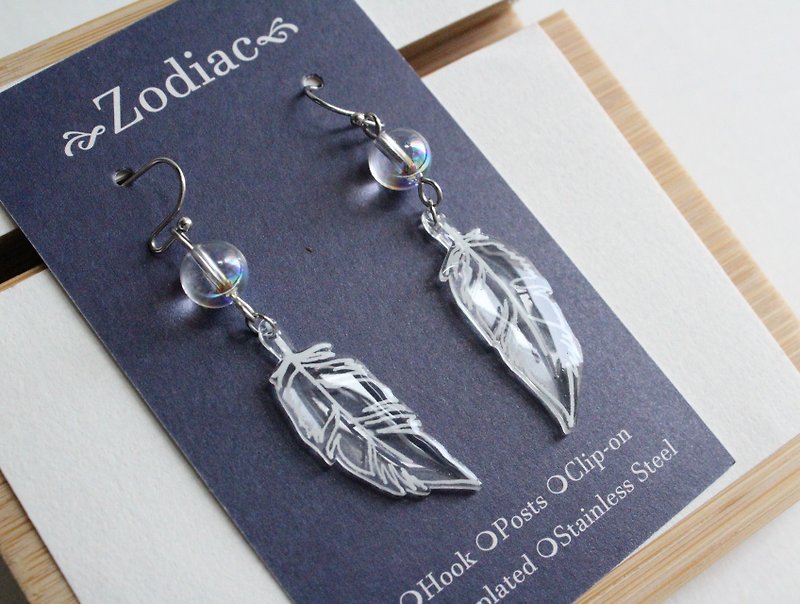 Transparent white feather Hand painted shrink plastics earrings - Earrings & Clip-ons - Plastic Transparent