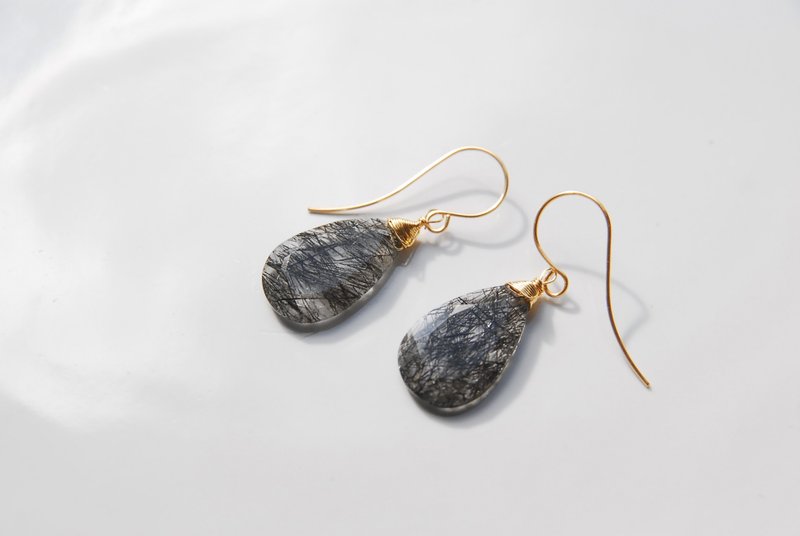 Gemstone quality large tourmaline in quartz earrings, drop cut no. 2, 14kgf - ต่างหู - เครื่องประดับพลอย สีดำ