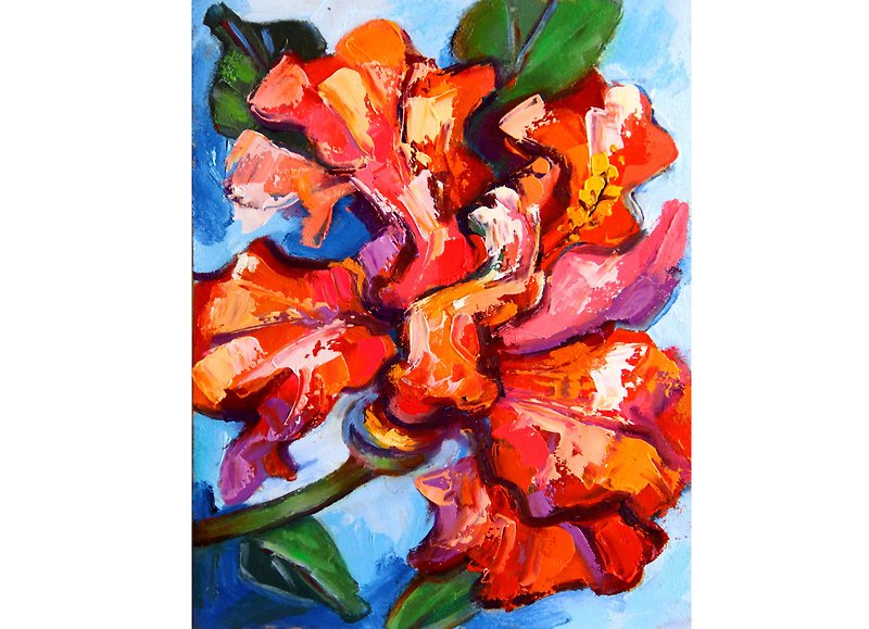 Red hibiscus flower. Wall Art Flowers impasto . Wall panel. - Posters - Other Materials Multicolor