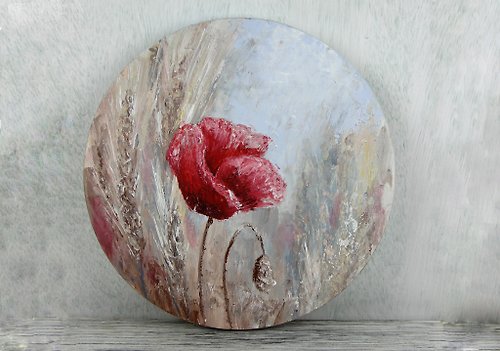 MiliArt Red poppy Original painting Round canvas Abstract flower Living Room Decor