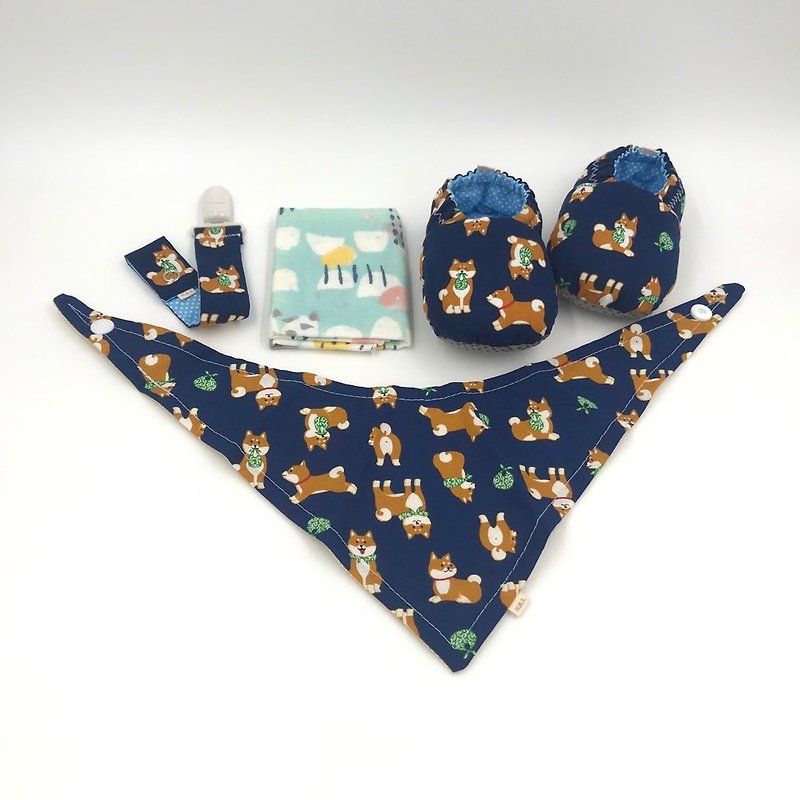 白眉柴犬(藍底)-學步鞋/寶寶鞋/嬰兒鞋+奶嘴夾+領巾+手帕 - 彌月禮盒 - 棉．麻 藍色