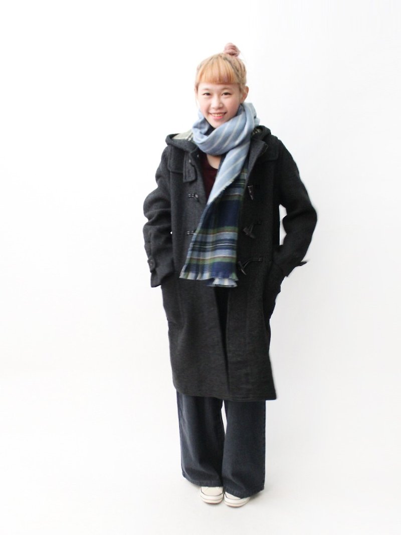 【RE1204C373】韓國製鐵灰色寬鬆綠格紋內裏古著牛角扣外套大衣 - 外套/大衣 - 羊毛 灰色