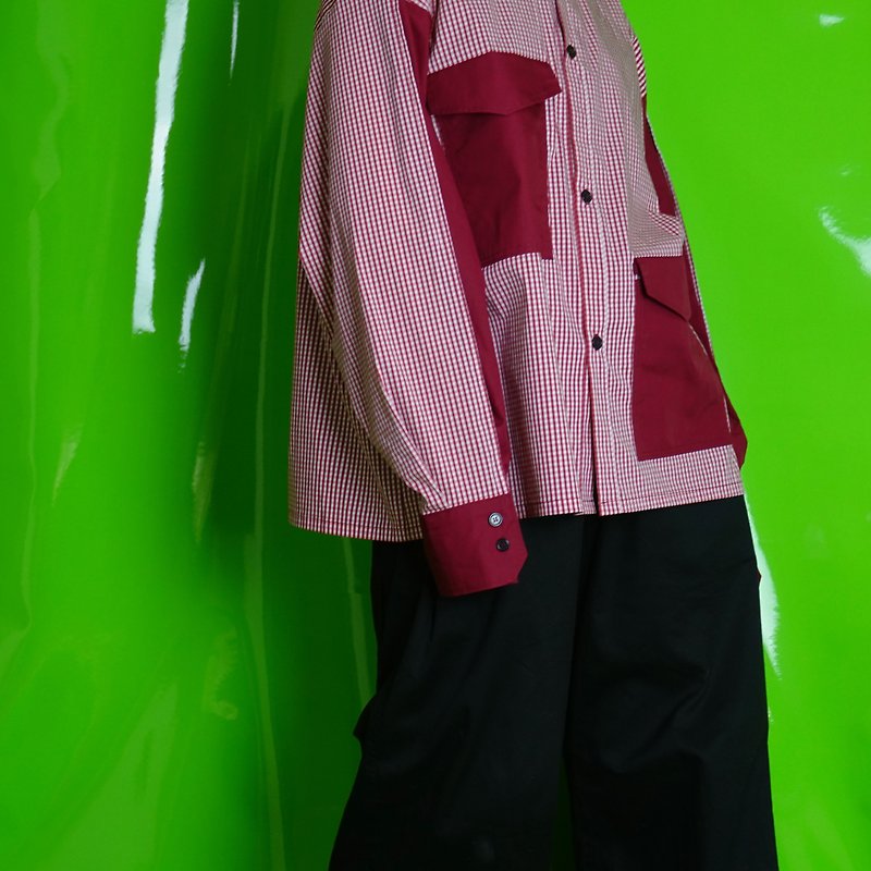 P.YELLOW |春と夏の赤い格子縞のコントラストクリエイティブ長袖シャツ - シャツ・ブラウス - コットン・麻 レッド
