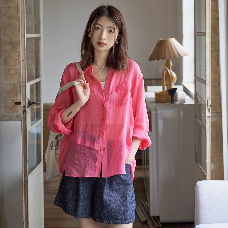 Lightweight sunscreen ramie shirt|shirt|two colors|summer style|Sora-1505 - Women's Shirts - Linen Multicolor