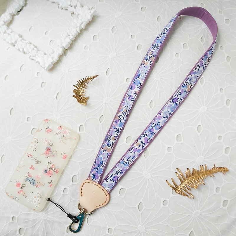 Purple Y-shaped decompression two-color floral cloth leather mobile phone neck lanyard - Lanyards & Straps - Cotton & Hemp Purple