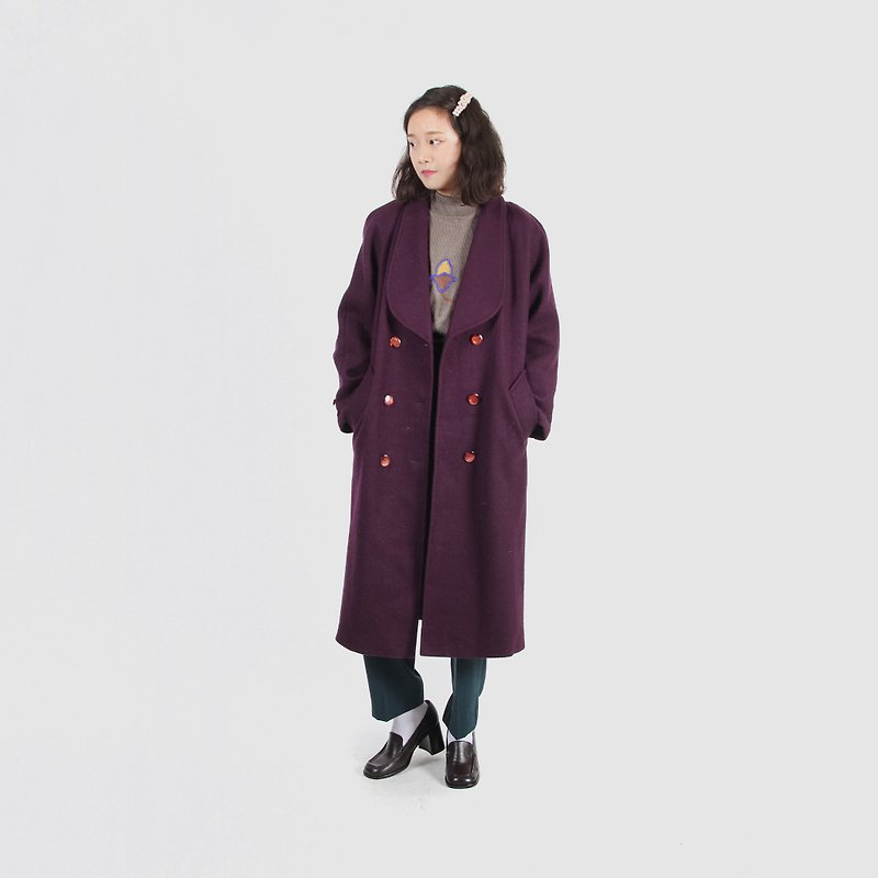 【蛋植物古著】紫玉光彩絲瓜領毛料古著大衣 - 女大衣/外套 - 羊毛 紫色