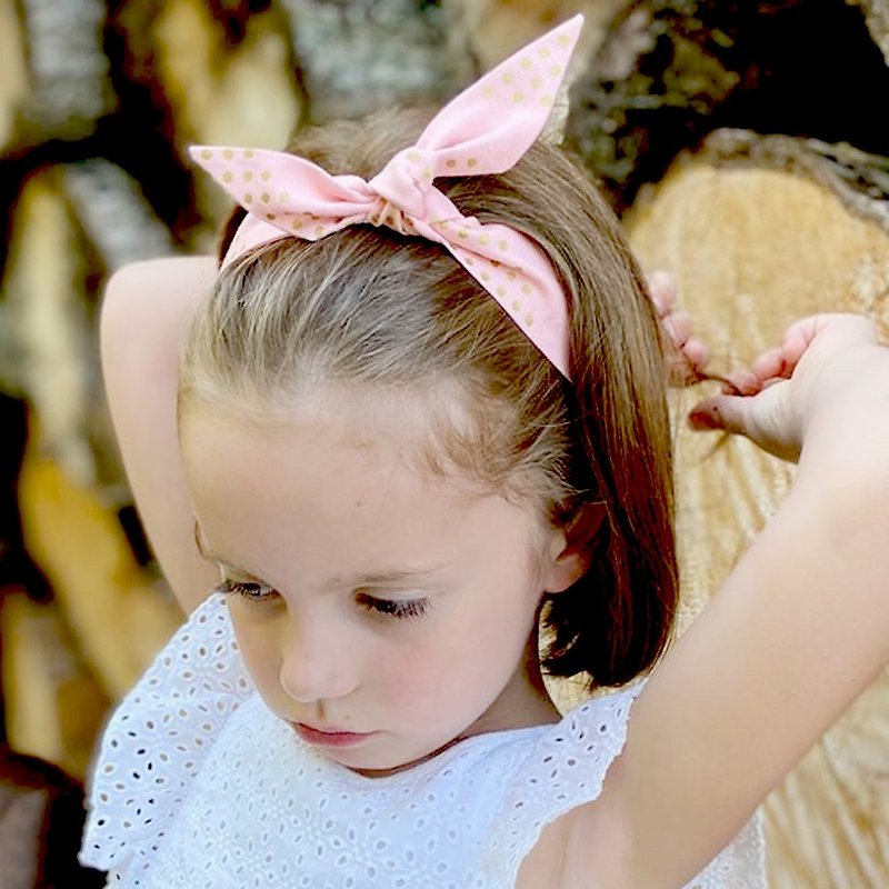 British Ribbies Children's Bow Headband - Pink Gold Dots - เครื่องประดับผม - ผ้าฝ้าย/ผ้าลินิน 