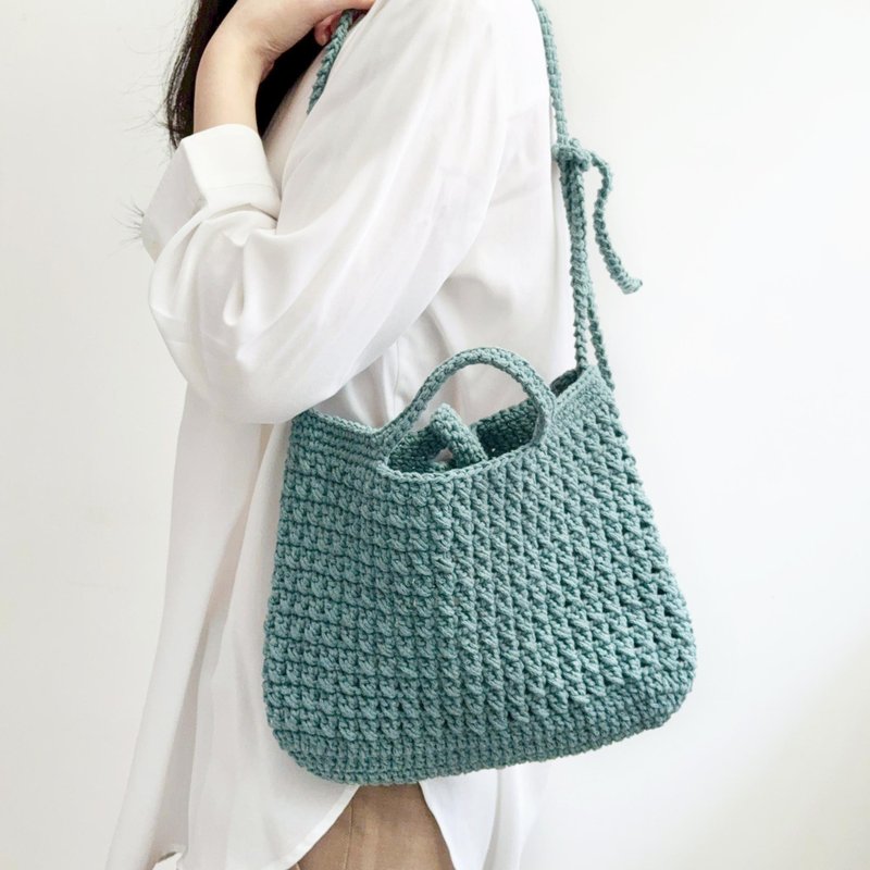 鉤織兩用手提包肩背包 / 多色可選 可調背帶長 棉 編織包包提袋 - 側背包/斜背包 - 棉．麻 綠色