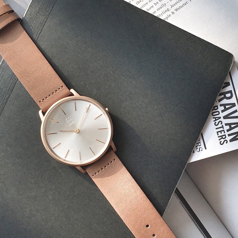 THIN 5010 極簡超薄真皮皮革手錶 - 玫瑰金 - 女錶 - 真皮 咖啡色