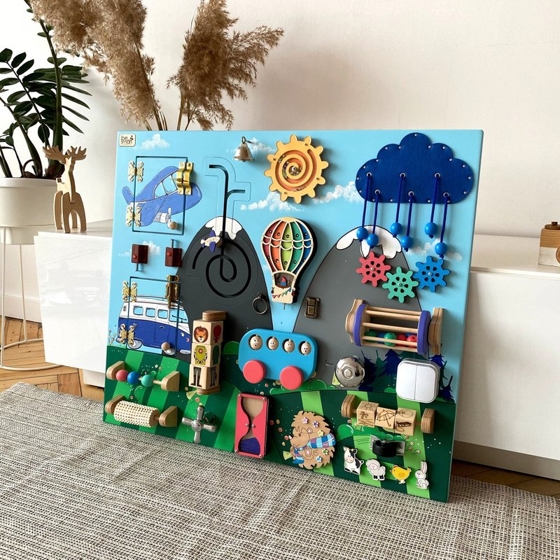 Toddler busy board with mountians theme 50x60 cm, activity board, sensory board - Kids' Toys - Wood Blue