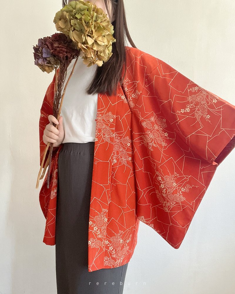 日本製和風印花薄款紅色古著羽織和服外套 - 女大衣/外套 - 聚酯纖維 紅色