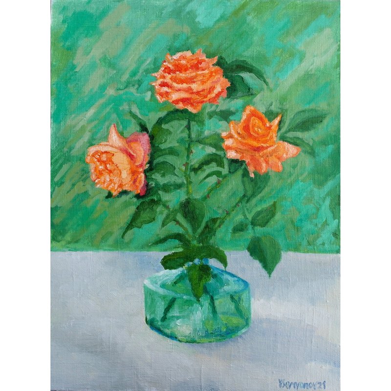 Orange Garden Roses Flowers Original Art Oil Painting Wall Decor Beautiful Roses - 海報/掛畫/掛布 - 其他材質 多色